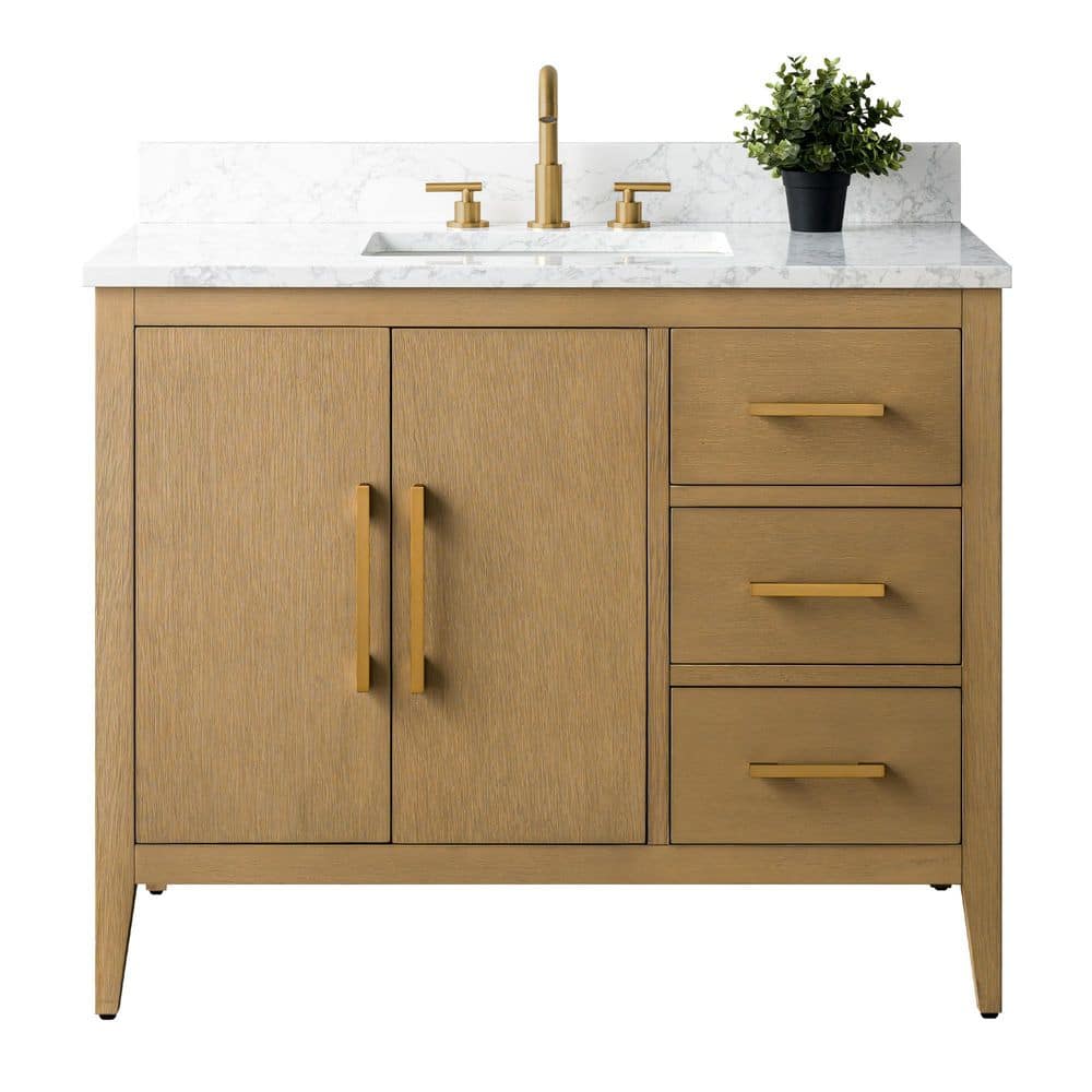 Vanity Art 42 in. W x 22 in. D x 34 in. H Single-Sink Bathroom Vanity in Natural Oak with Engineered Marble Top in Arabescato White