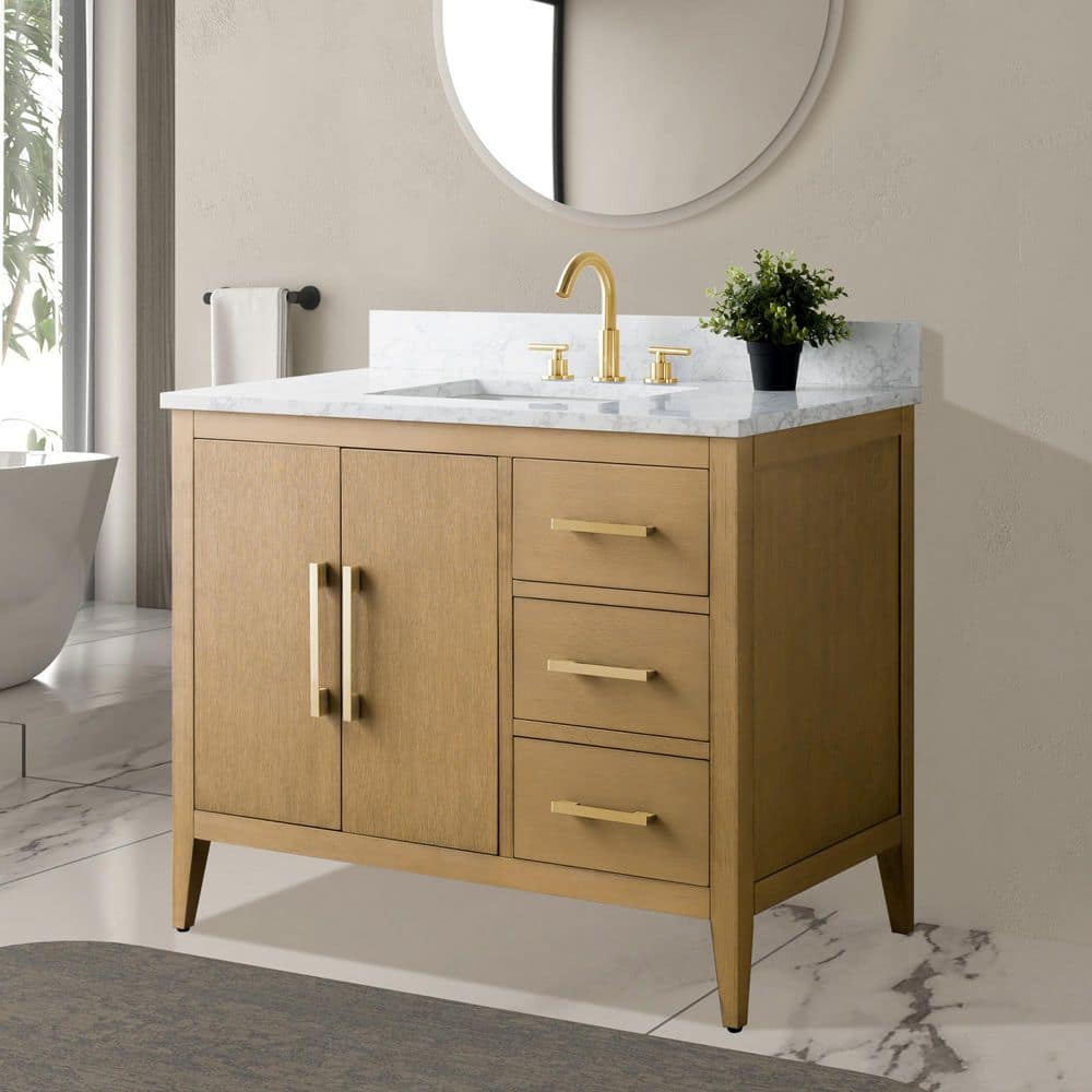 Vanity Art 42 in. W x 22 in. D x 34 in. H Single-Sink Bathroom Vanity in Natural Oak with Engineered Marble Top in Arabescato White