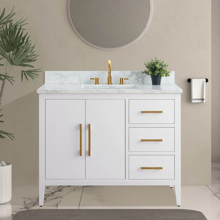 Vanity Art 42 in. W x 22 in. D x 34 in. H Single Sink Bathroom Vanity Cabinet in White with Engineered Marble Top