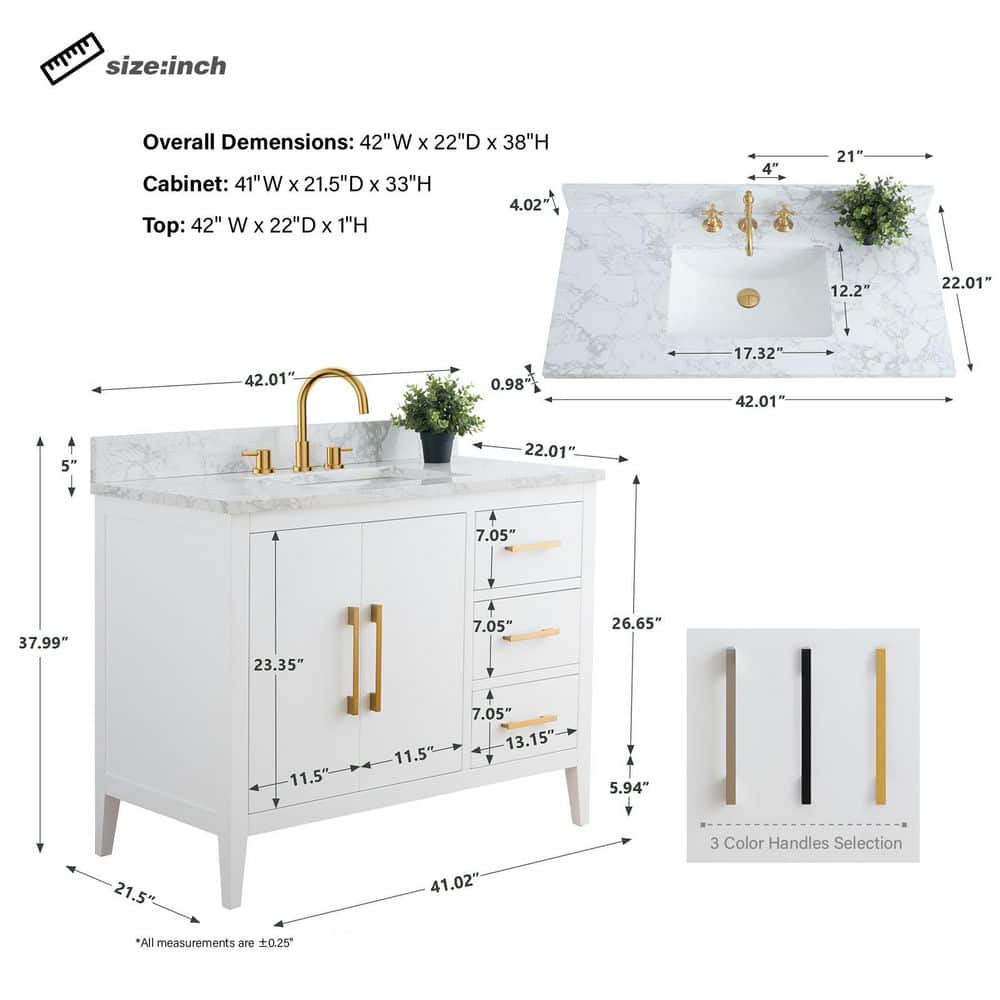 Vanity Art 42 in. W x 22 in. D x 34 in. H Single Sink Bathroom Vanity Cabinet in White with Engineered Marble Top