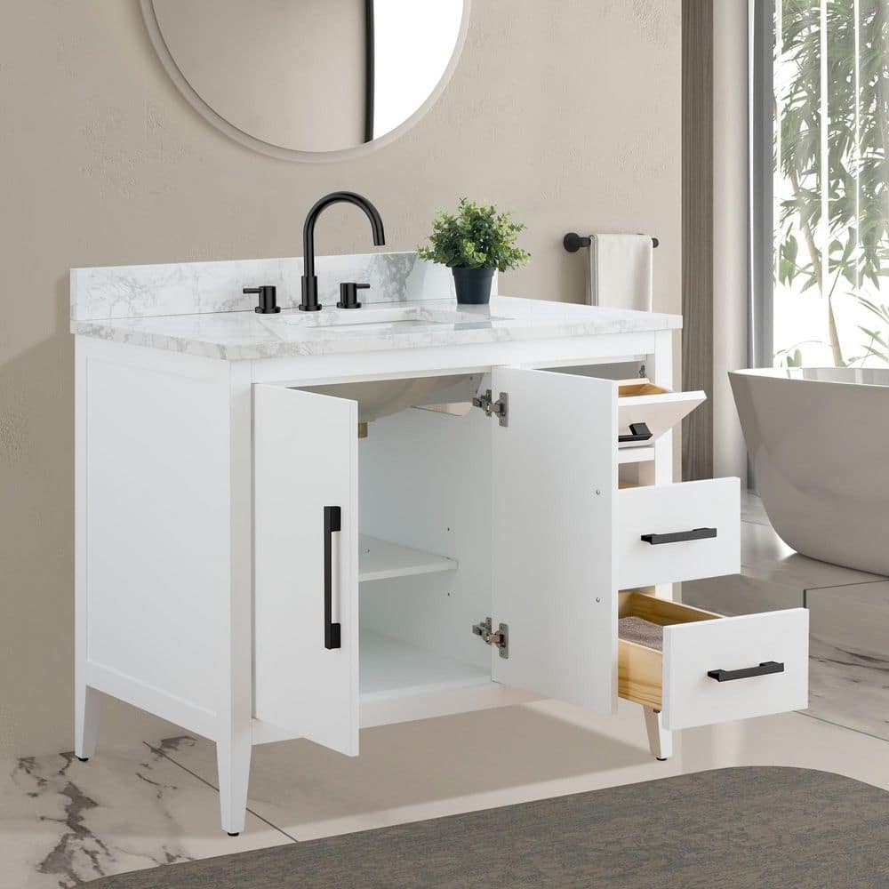 Vanity Art 42 in. W x 22 in. D x 34 in. H Single Sink Bathroom Vanity Cabinet in White with Engineered Marble Top