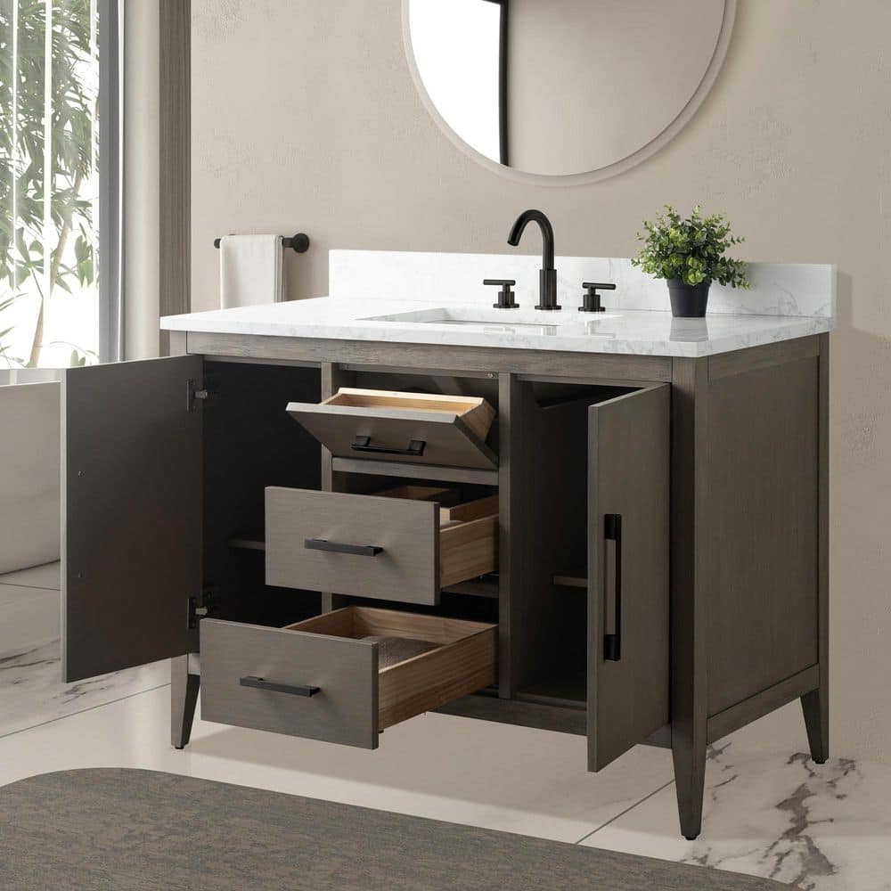 Vanity Art 48 in. W x 22 in. D x 34 in. H Single-Sink Bath Vanity in Driftwood Gray with Engineered Marble Top in Arabescato White