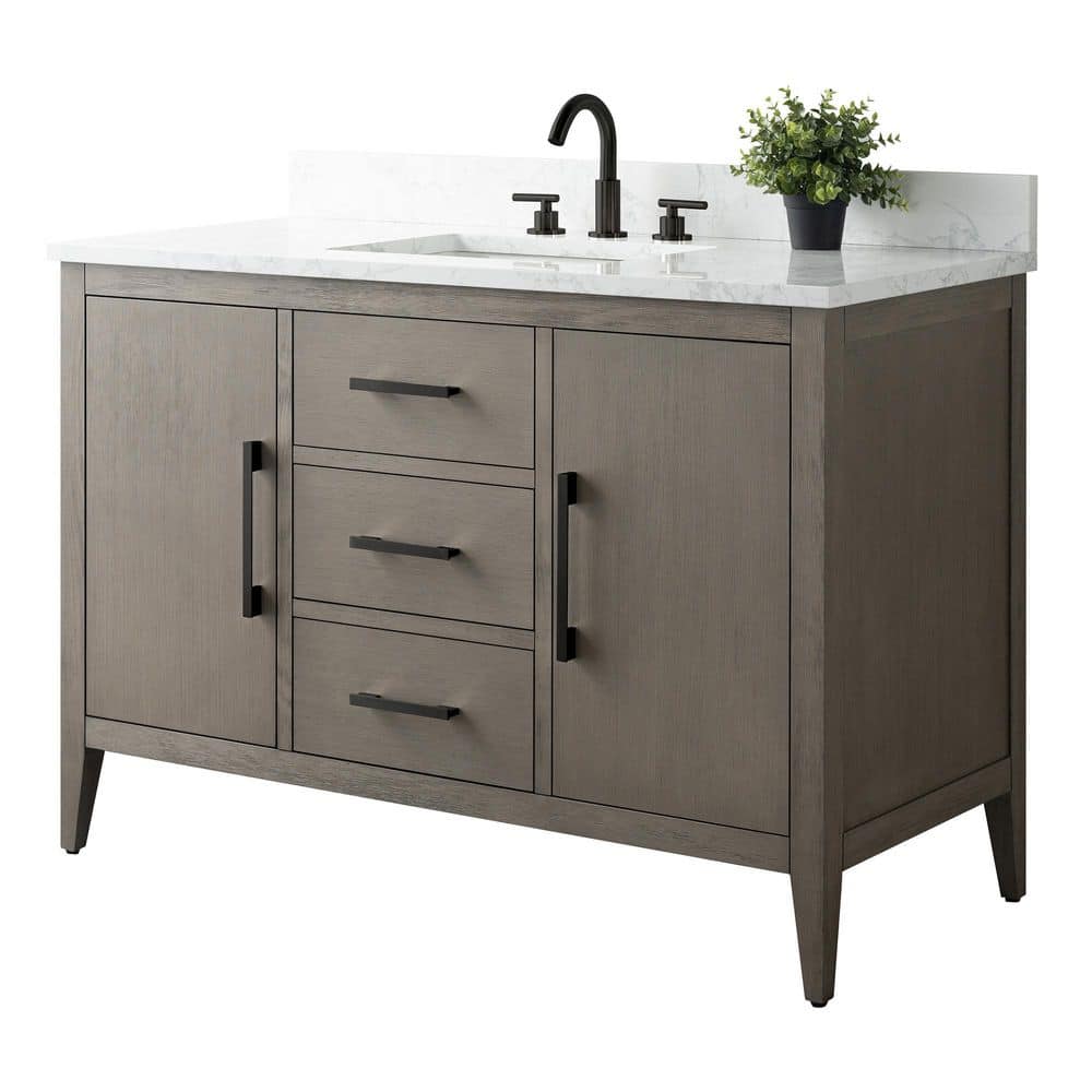 Vanity Art 48 in. W x 22 in. D x 34 in. H Single-Sink Bath Vanity in Driftwood Gray with Engineered Marble Top in Arabescato White
