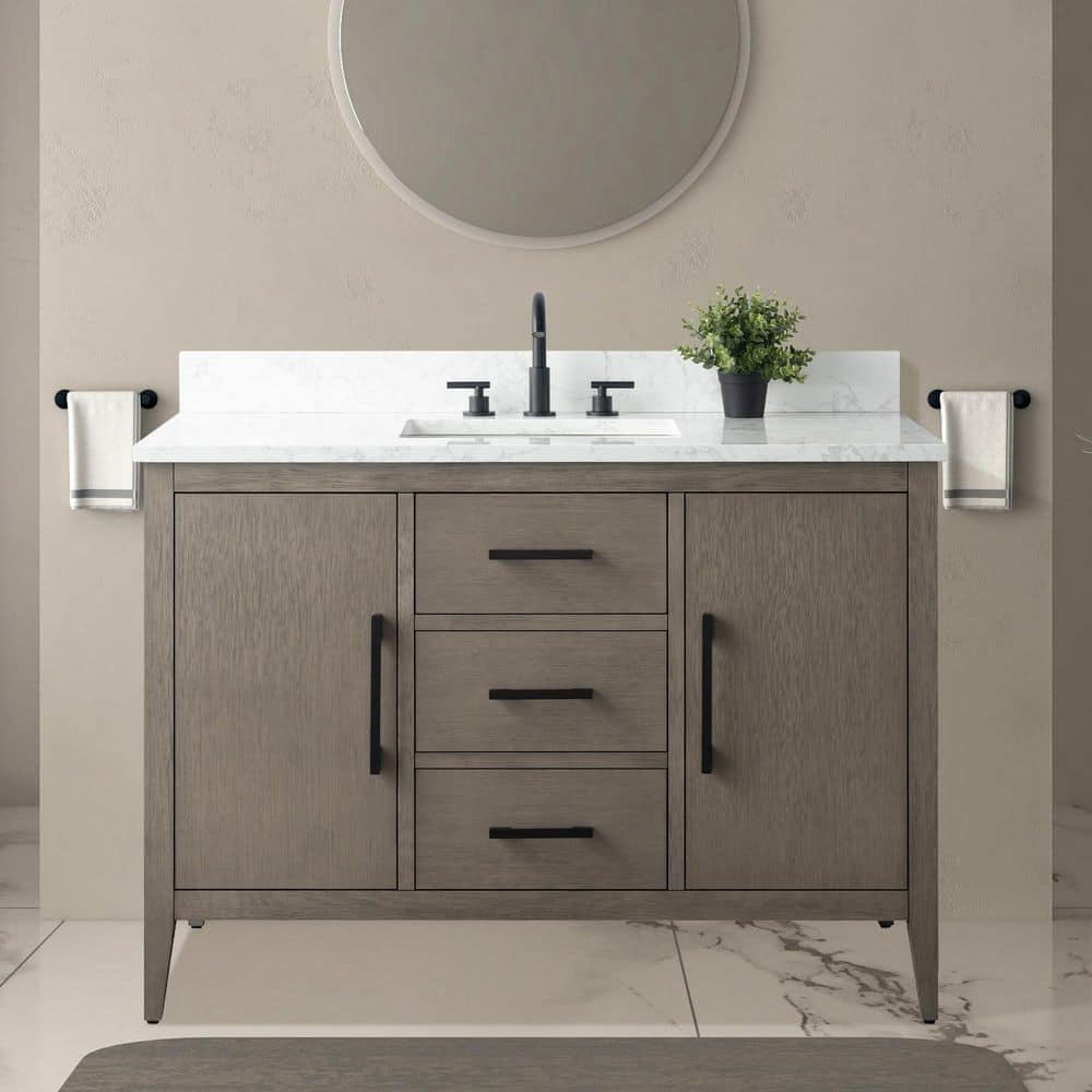 Vanity Art 48 in. W x 22 in. D x 34 in. H Single-Sink Bath Vanity in Driftwood Gray with Engineered Marble Top in Arabescato White