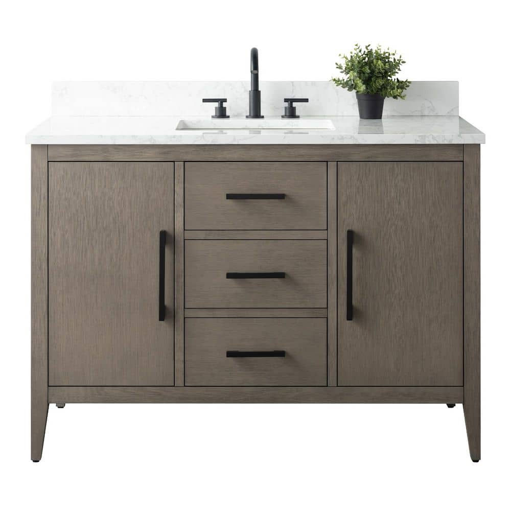 Vanity Art 48 in. W x 22 in. D x 34 in. H Single-Sink Bath Vanity in Driftwood Gray with Engineered Marble Top in Arabescato White
