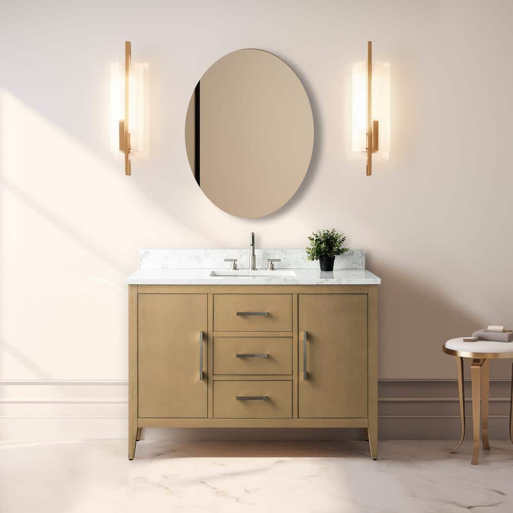 Vanity Art 48 in. W. x 22 in. D x 34 in. H Single Sink Bathroom Vanity Cabinet in Natural Oak with Engineered Marble Top in White