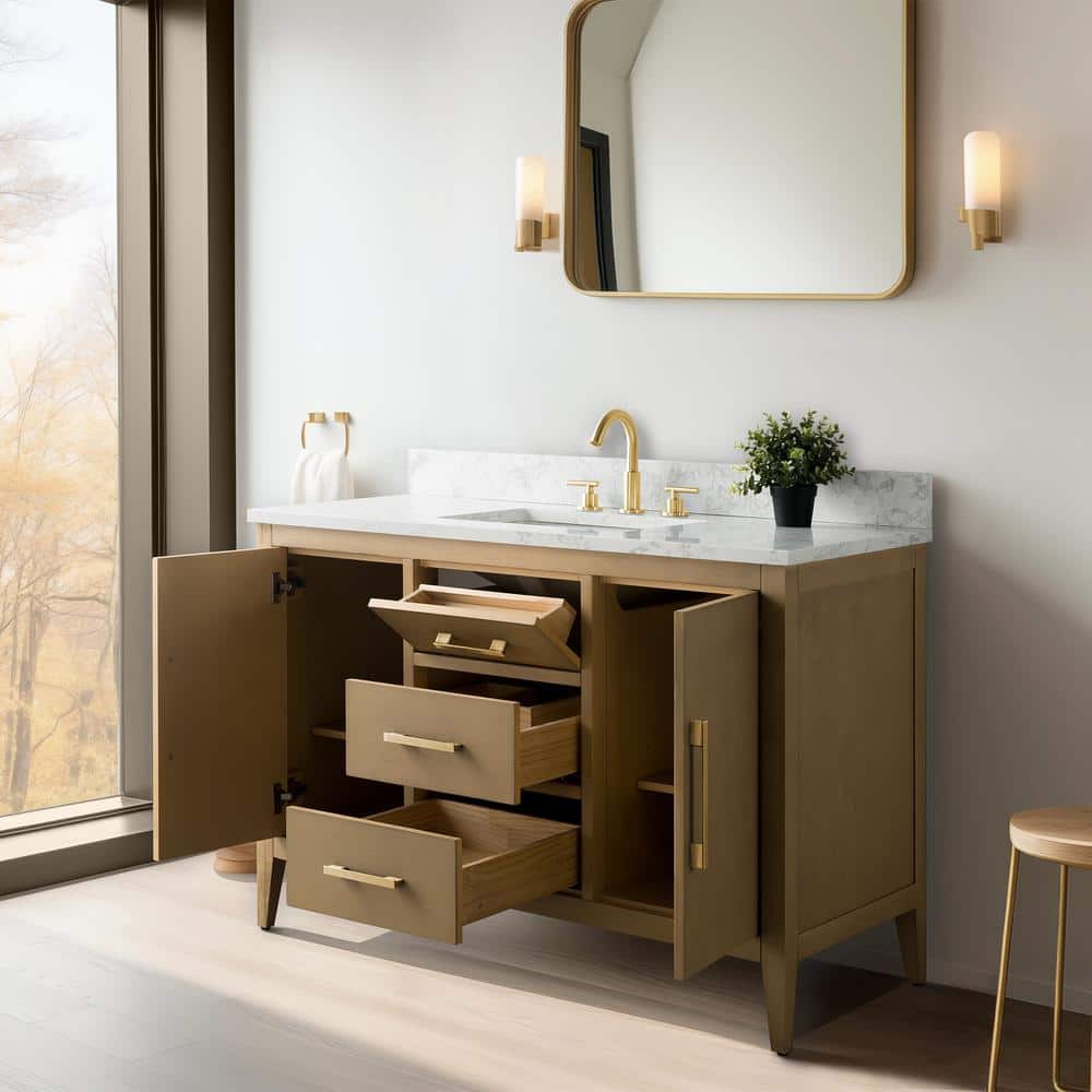 Vanity Art 48 in. W x 22 in. D x 34 in. H Single-Sink Bathroom Vanity in Natural Oak with Engineered Marble Top in Arabescato White