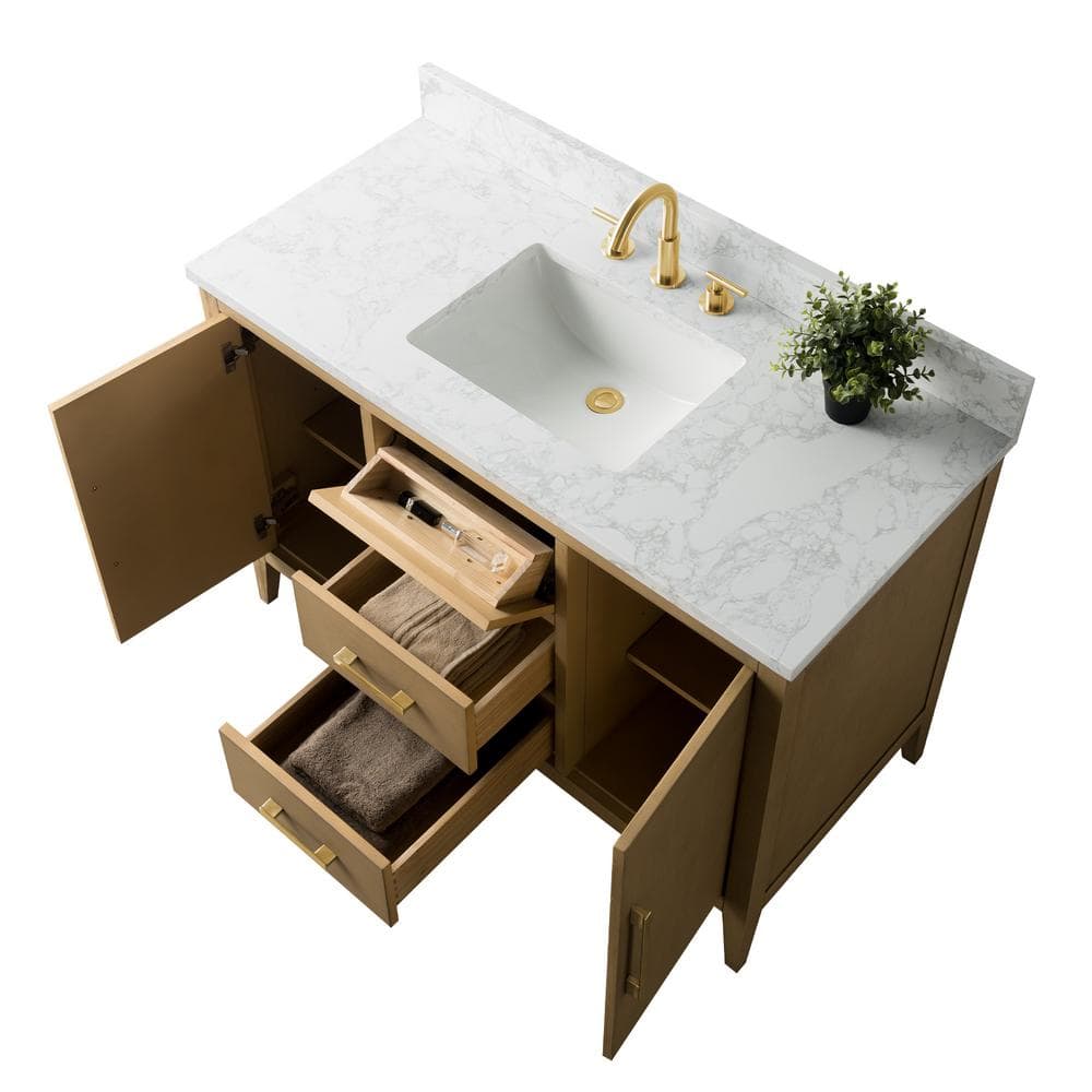 Vanity Art 48 in. W x 22 in. D x 34 in. H Single-Sink Bathroom Vanity in Natural Oak with Engineered Marble Top in Arabescato White