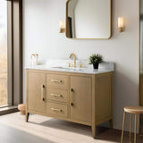 Vanity Art 48 in. W x 22 in. D x 34 in. H Single-Sink Bathroom Vanity in Natural Oak with Engineered Marble Top in Arabescato White