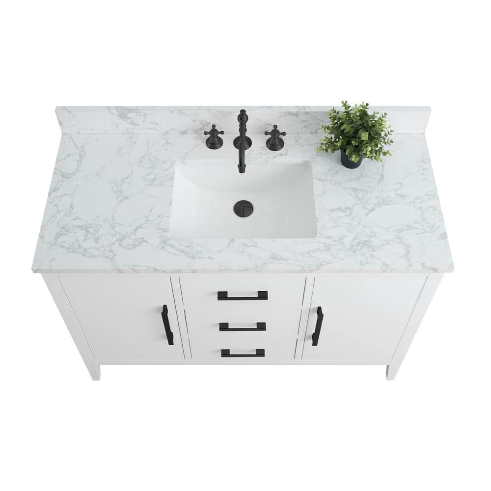 Vanity Art 48 in. W x 22 in. D x 34 in. H Single Sink Bathroom Vanity Cabinet in White with Engineered Marble Top