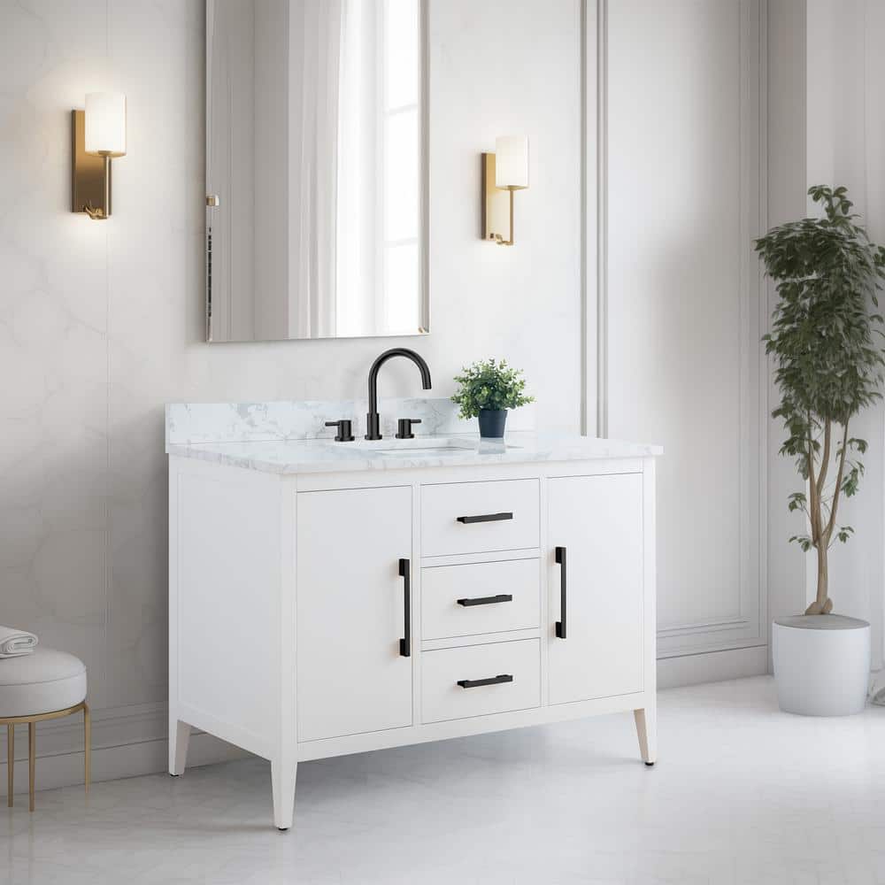Vanity Art 48 in. W x 22 in. D x 34 in. H Single Sink Bathroom Vanity Cabinet in White with Engineered Marble Top