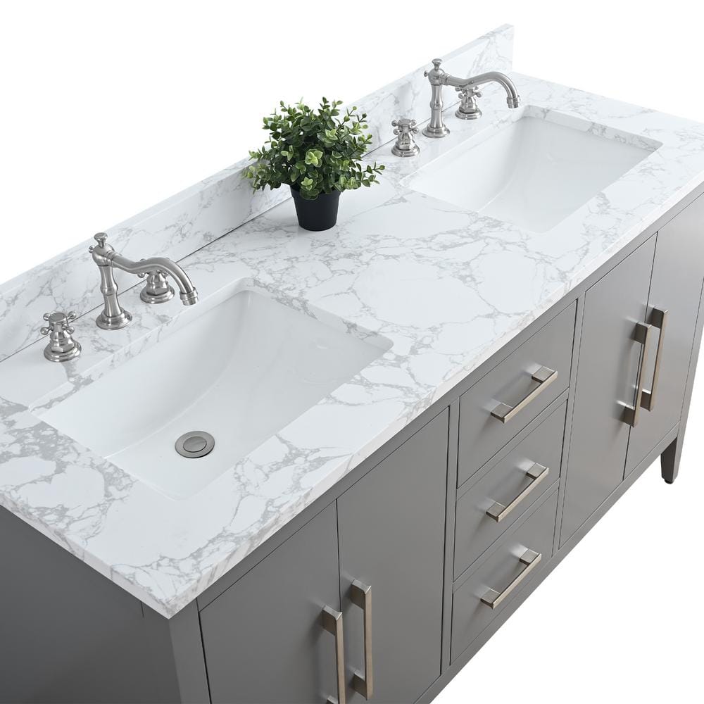 Vanity Art 60 in. W x 22 in. D x 34 in. H Double Sink Bathroom Vanity Cabinet in Cashmere Gray with Engineered Marble Top in White