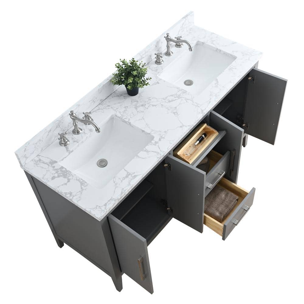 Vanity Art 60 in. W x 22 in. D x 34 in. H Double Sink Bathroom Vanity Cabinet in Cashmere Gray with Engineered Marble Top in White