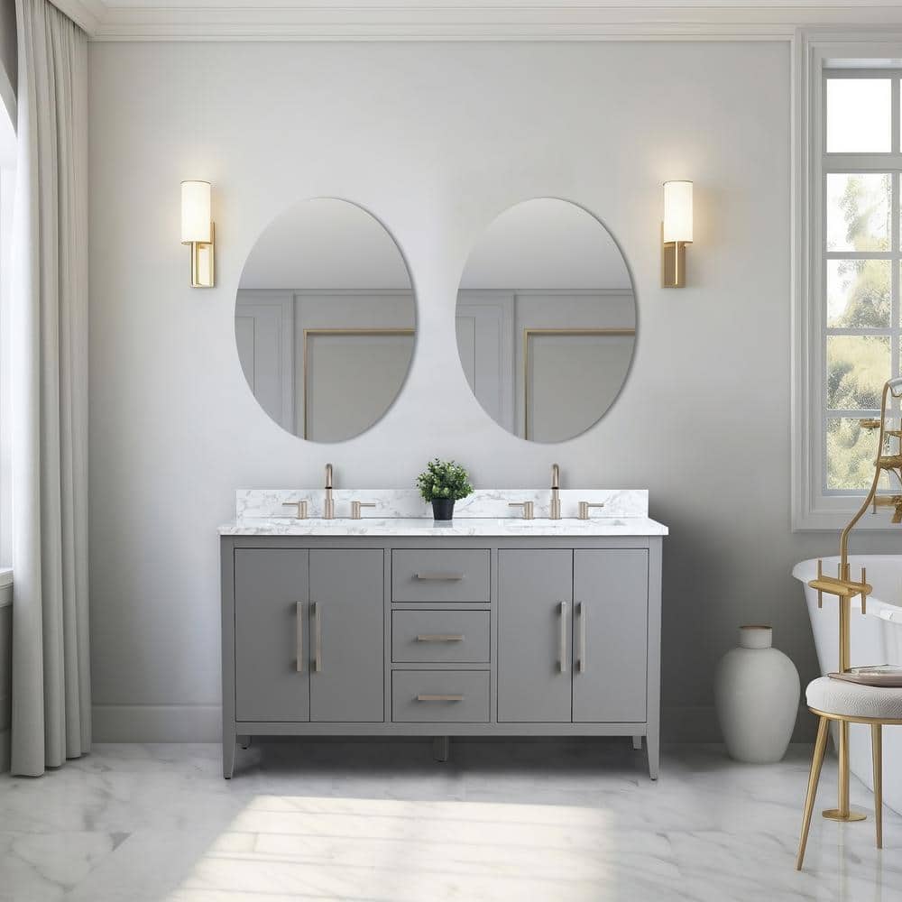 Vanity Art 60 in. W x 22 in. D x 34 in. H Double Sink Bathroom Vanity Cabinet in Cashmere Gray with Engineered Marble Top in White