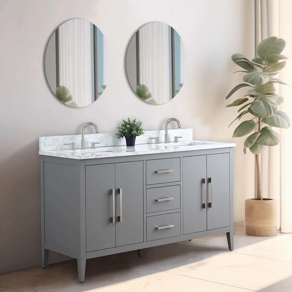 Vanity Art 60 in. W x 22 in. D x 34 in. H Double Sink Bathroom Vanity Cabinet in Cashmere Gray with Engineered Marble Top in White