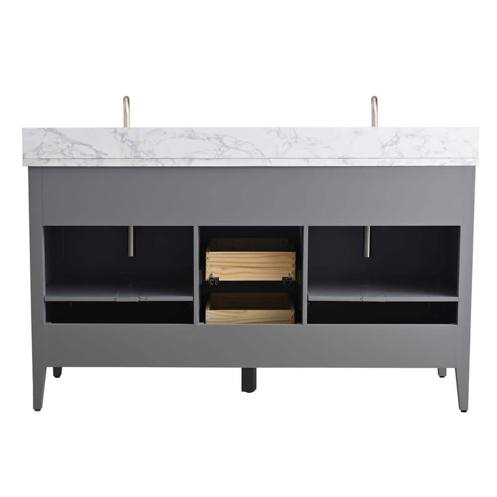 Vanity Art 60 in. W x 22 in. D x 34 in. H Double Sink Bathroom Vanity Cabinet in Cashmere Gray with Engineered Marble Top in White