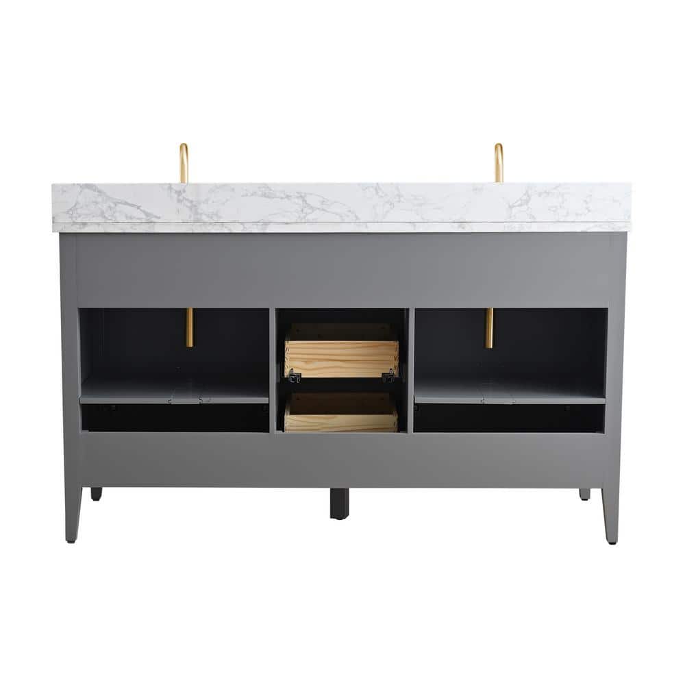 Vanity Art 60 in. W x 22 in. D x 34 in. H Double Sink Bathroom Vanity Cabinet in Cashmere Gray with Engineered Marble Top in White