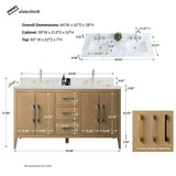 Vanity Art 60 in. W x 22 in. D x 34 in. H Double-Sink Bathroom Vanity in Natural Oak with Engineered Marble Top in Arabescato White