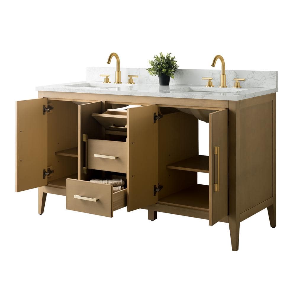 Vanity Art 60 in. W x 22 in. D x 34 in. H Double-Sink Bathroom Vanity in Natural Oak with Engineered Marble Top in Arabescato White