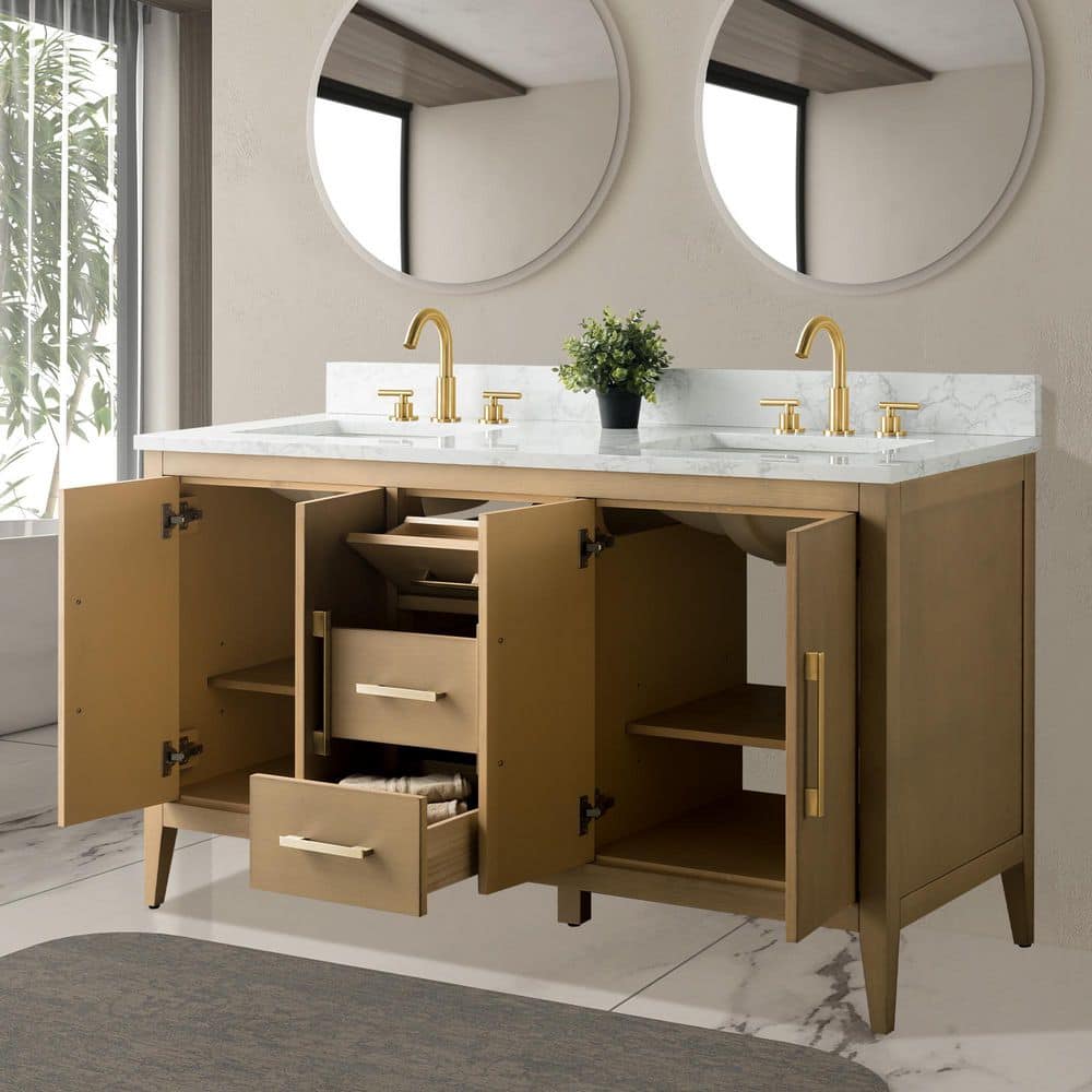 Vanity Art 60 in. W x 22 in. D x 34 in. H Double-Sink Bathroom Vanity in Natural Oak with Engineered Marble Top in Arabescato White