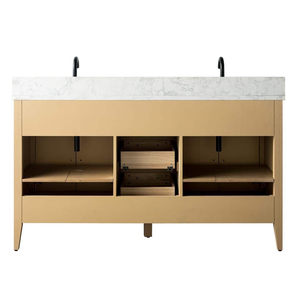 Vanity Art 60 in. W x 22 in. D x 34 in. H Double-Sink Bathroom Vanity in Natural Oak with Engineered Marble Top in Arabescato White