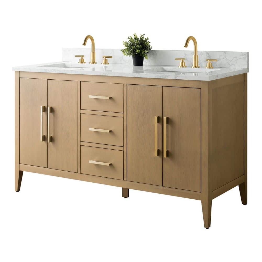 Vanity Art 60 in. W x 22 in. D x 34 in. H Double-Sink Bathroom Vanity in Natural Oak with Engineered Marble Top in Arabescato White