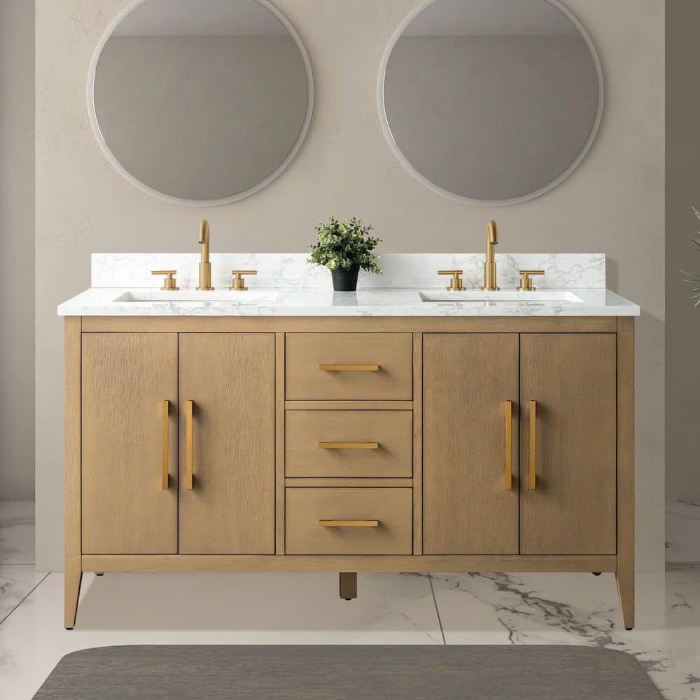 Vanity Art 60 in. W x 22 in. D x 34 in. H Double-Sink Bathroom Vanity in Natural Oak with Engineered Marble Top in Arabescato White