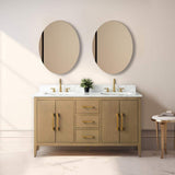 Vanity Art 60 in. W x 22 in. D x 34 in. H Double-Sink Bathroom Vanity in Natural Oak with Engineered Marble Top in Arabescato White