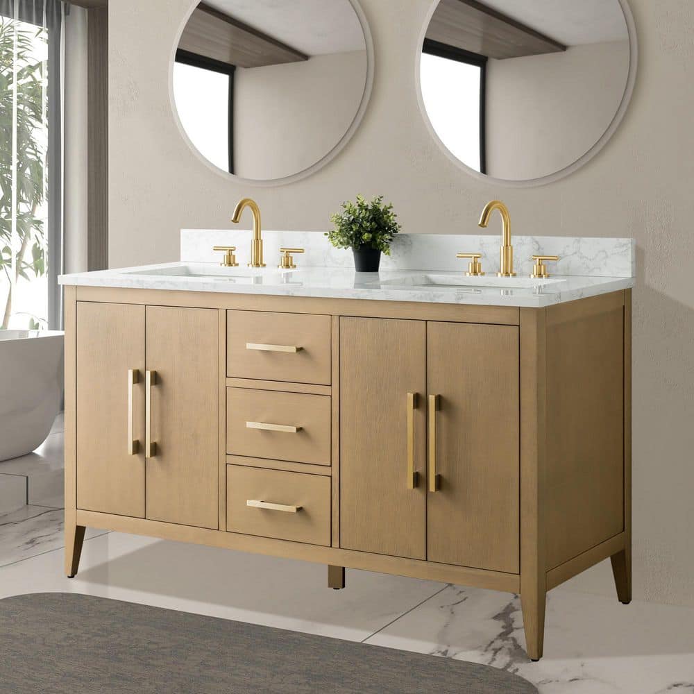 Vanity Art 60 in. W x 22 in. D x 34 in. H Double-Sink Bathroom Vanity in Natural Oak with Engineered Marble Top in Arabescato White
