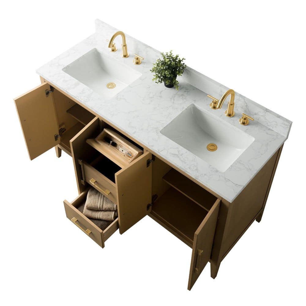 Vanity Art 60 in. W x 22 in. D x 34 in. H Double-Sink Bathroom Vanity in Natural Oak with Engineered Marble Top in Arabescato White