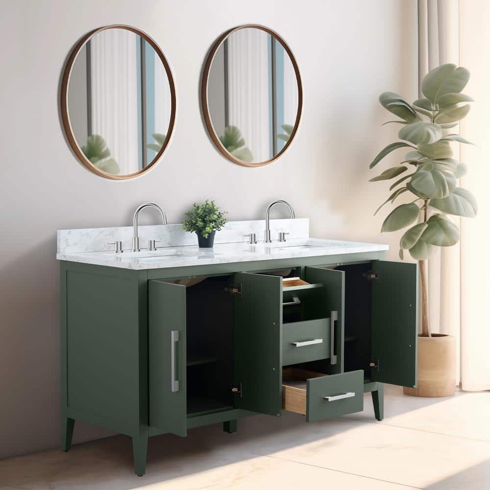 Vanity Art 60 in. W x 22 in. D x 34 in. H Double Sink Bathroom Vanity Cabinet in Vintage Green with Engineered Marble Top in White