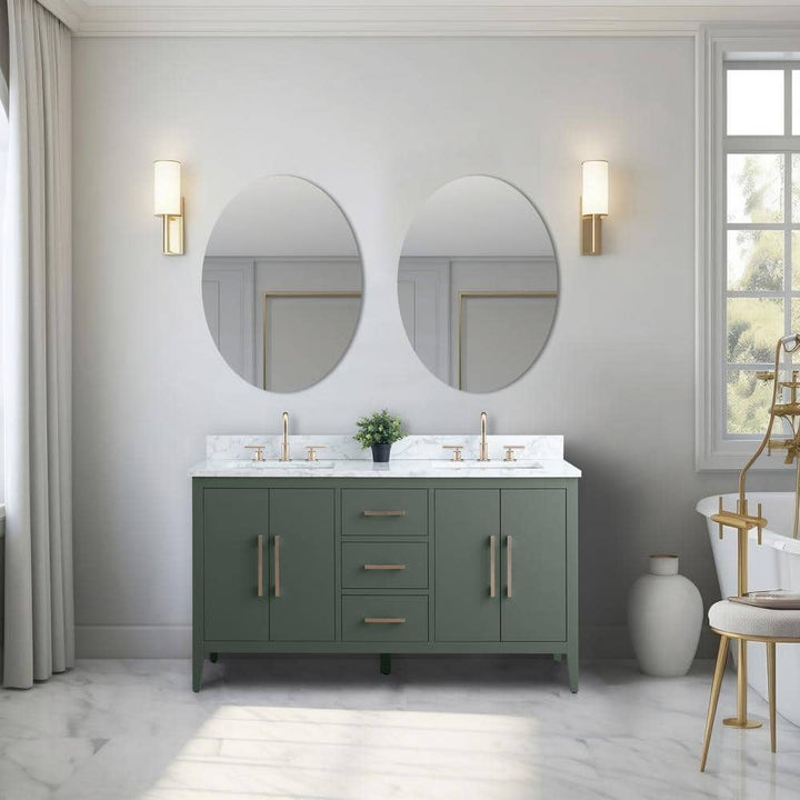 Vanity Art 60 in. W x 22 in. D x 34 in. H Double Sink Bathroom Vanity Cabinet in Vintage Green with Engineered Marble Top in White
