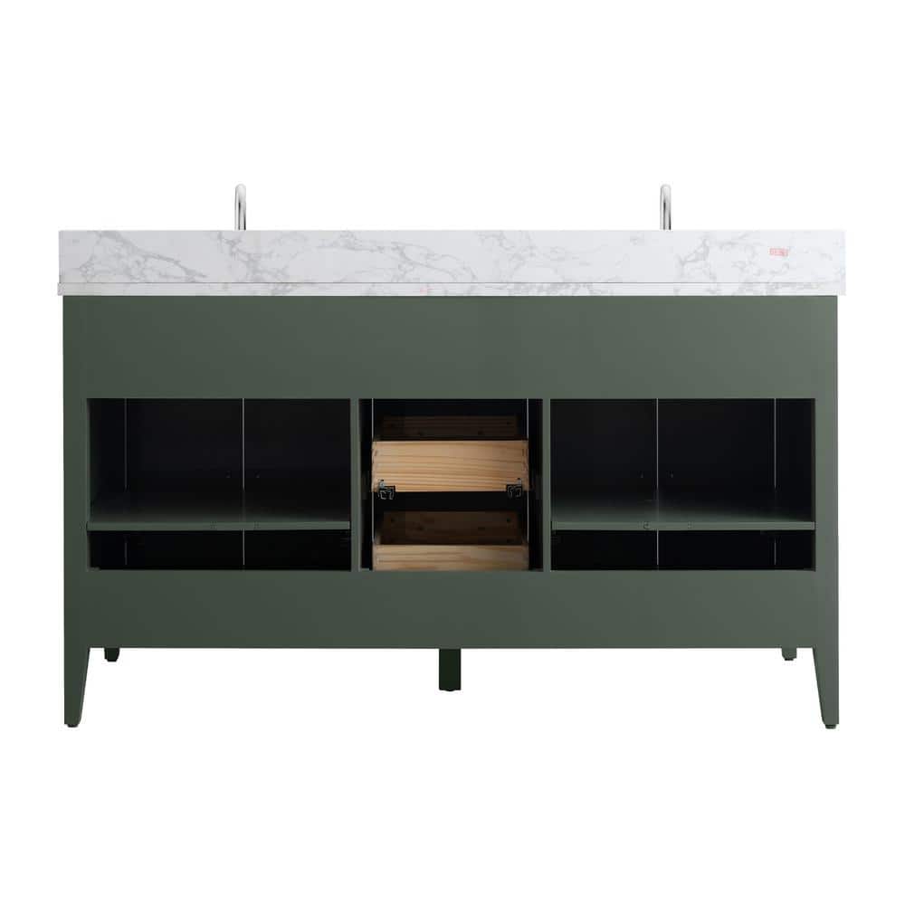 Vanity Art 60 in. W x 22 in. D x 34 in. H Double Sink Bathroom Vanity Cabinet in Vintage Green with Engineered Marble Top in White