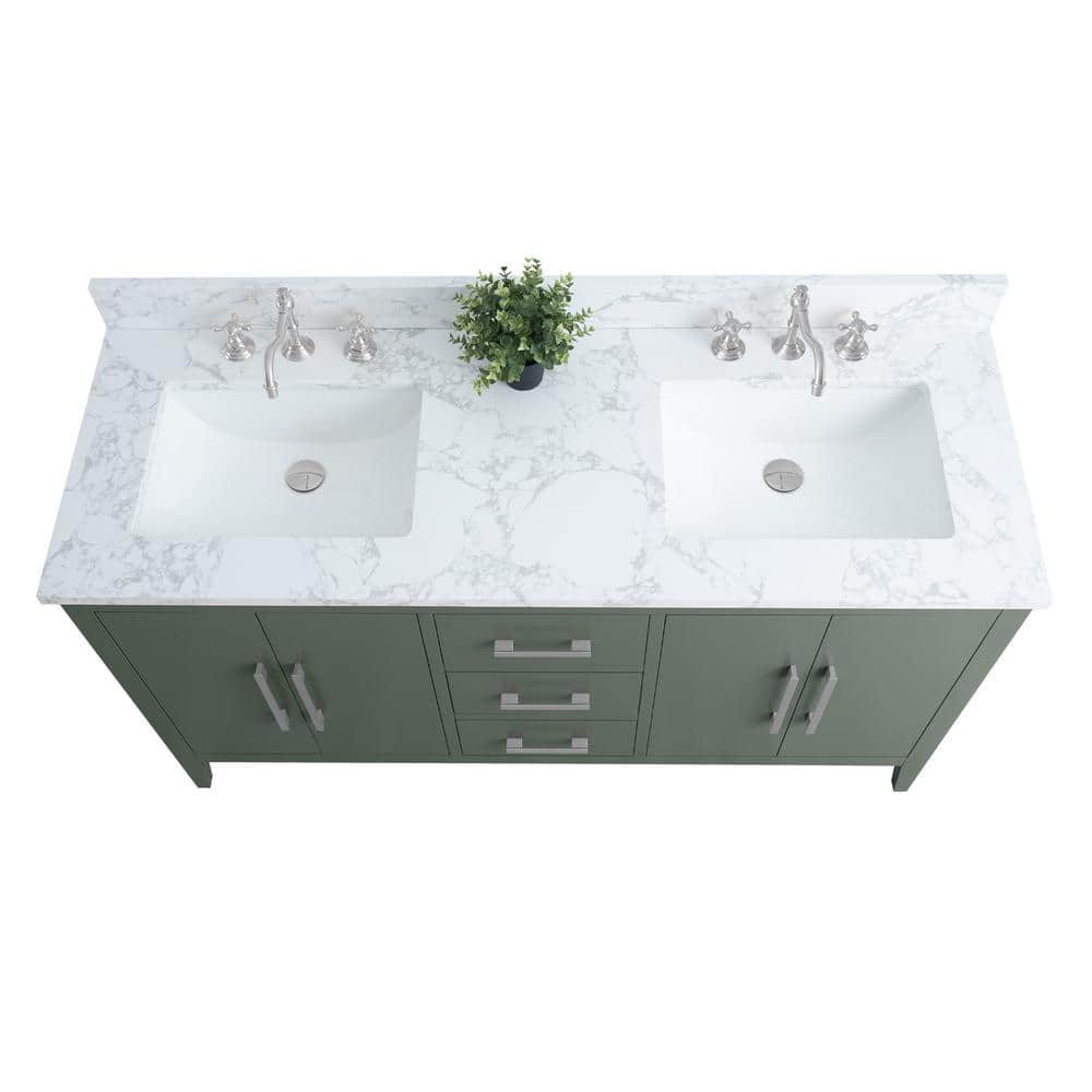 Vanity Art 60 in. W x 22 in. D x 34 in. H Double Sink Bathroom Vanity Cabinet in Vintage Green with Engineered Marble Top in White