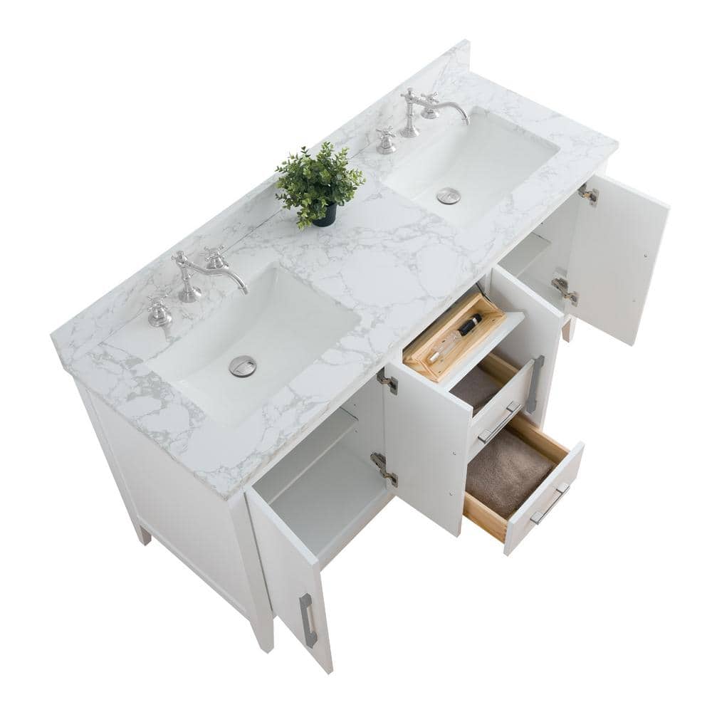 Vanity Art 60 in. W x 22 in. D x 34 in. H Double Sink Bathroom Vanity Cabinet in White with Engineered Marble Top in White