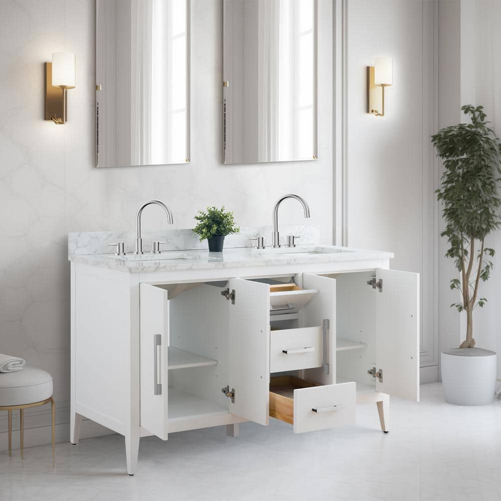 Vanity Art 60 in. W x 22 in. D x 34 in. H Double Sink Bathroom Vanity Cabinet in White with Engineered Marble Top in White