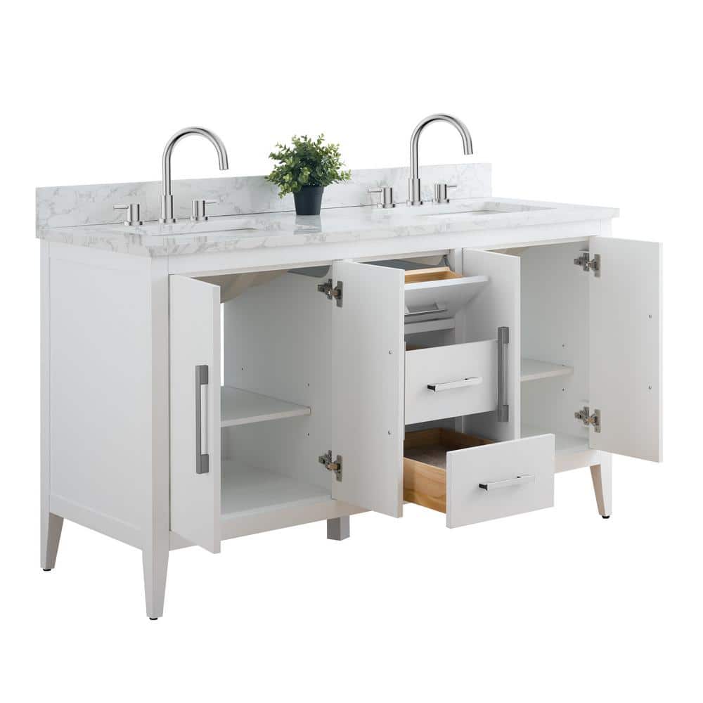 Vanity Art 60 in. W x 22 in. D x 34 in. H Double Sink Bathroom Vanity Cabinet in White with Engineered Marble Top in White
