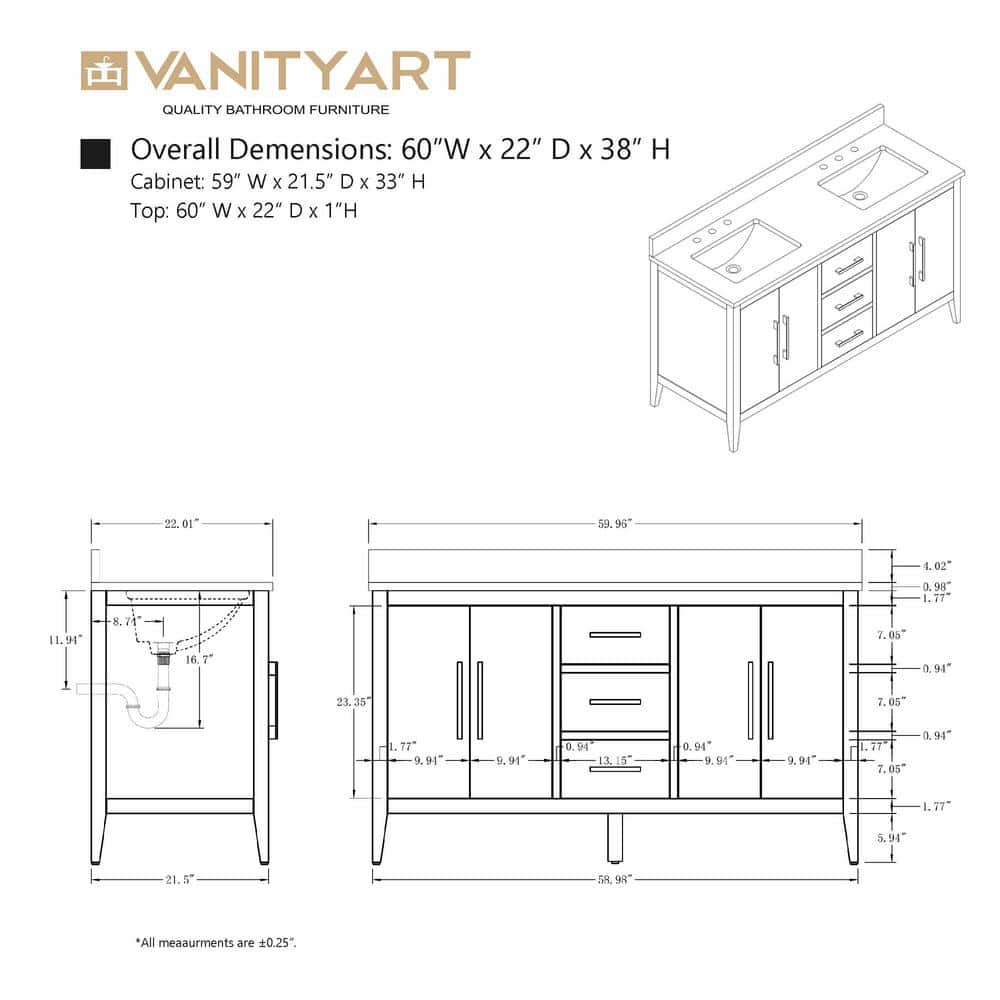 Vanity Art 60 in. W x 22 in. D x 34 in. H Double Sink Bathroom Vanity Cabinet in White with Engineered Marble Top in White