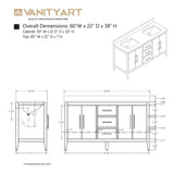 Vanity Art 60 in. W x 22 in. D x 34 in. H Double Sink Bathroom Vanity Cabinet in White with Engineered Marble Top in White