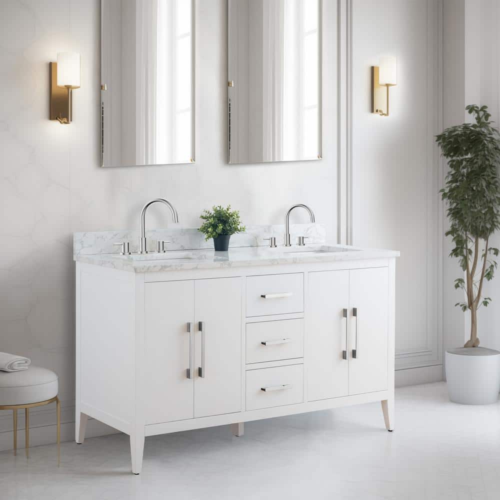 Vanity Art 60 in. W x 22 in. D x 34 in. H Double Sink Bathroom Vanity Cabinet in White with Engineered Marble Top in White