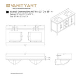 Vanity Art 60 in. W x 22 in. D x 34 in. H Double Sink Bathroom Vanity Cabinet in White with Engineered Marble Top in White