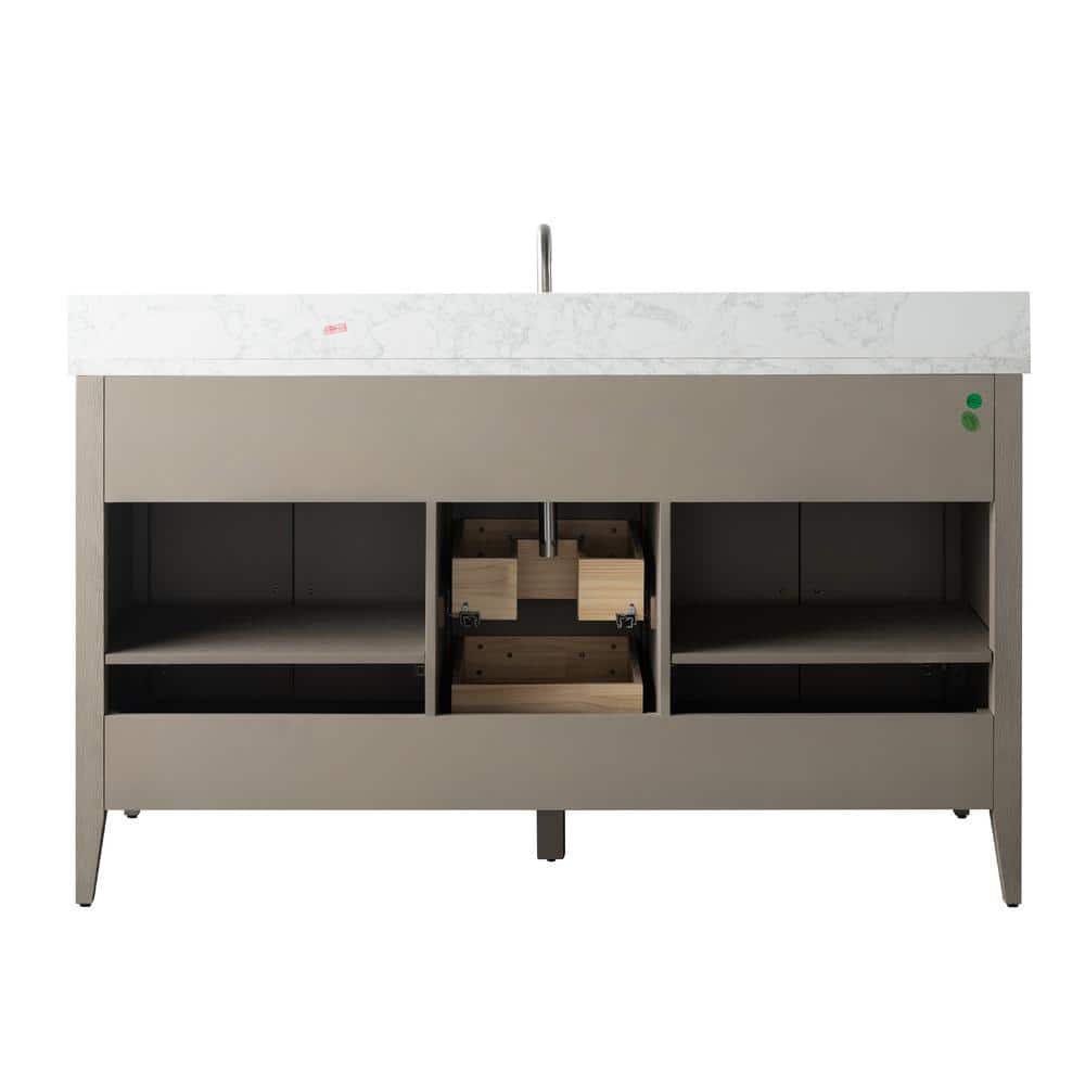 Vanity Art 60 in. W. x 22 in. D x 34 in. H Single Sink Bathroom Vanity Cabinet Driftwood Gray with Engineered Marble Top in White