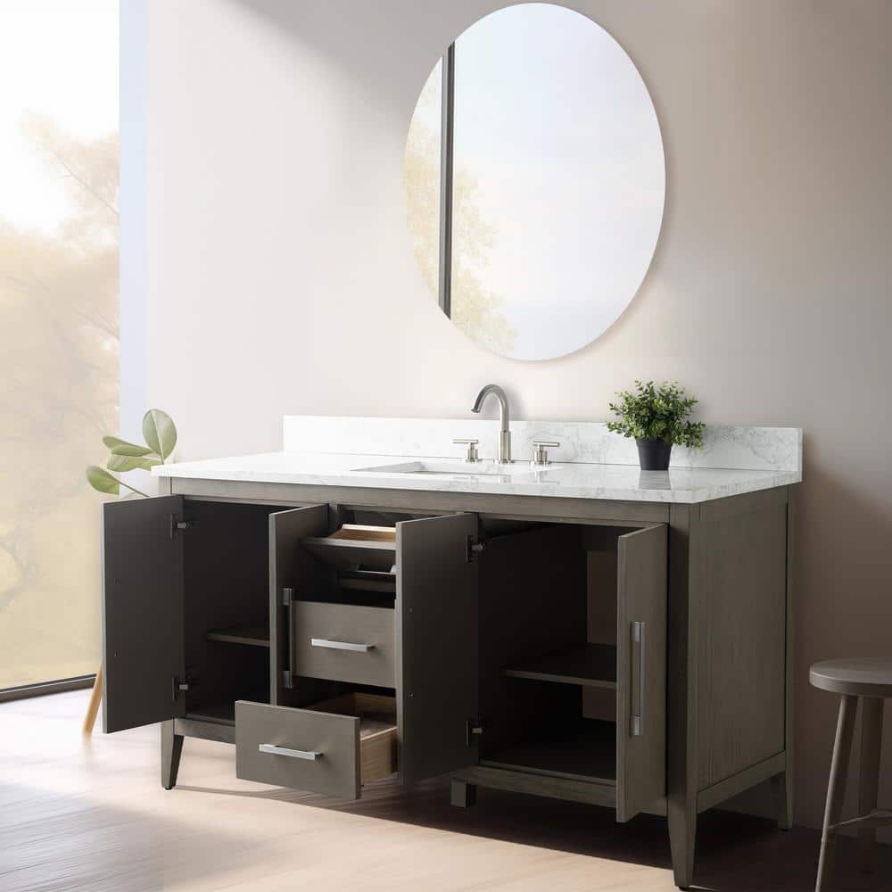 Vanity Art 60 in. W. x 22 in. D x 34 in. H Single Sink Bathroom Vanity Cabinet Driftwood Gray with Engineered Marble Top in White