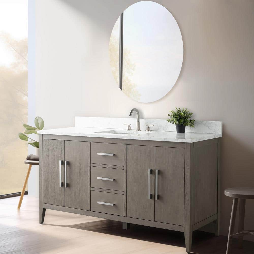 Vanity Art 60 in. W. x 22 in. D x 34 in. H Single Sink Bathroom Vanity Cabinet Driftwood Gray with Engineered Marble Top in White