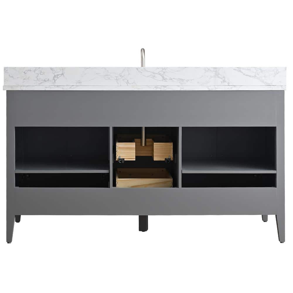 Vanity Art 60 in. W x 22 in. D x 34 in. H Single Sink Bathroom Vanity Cabinet in Cashmere Gray with Engineered Marble Top in White