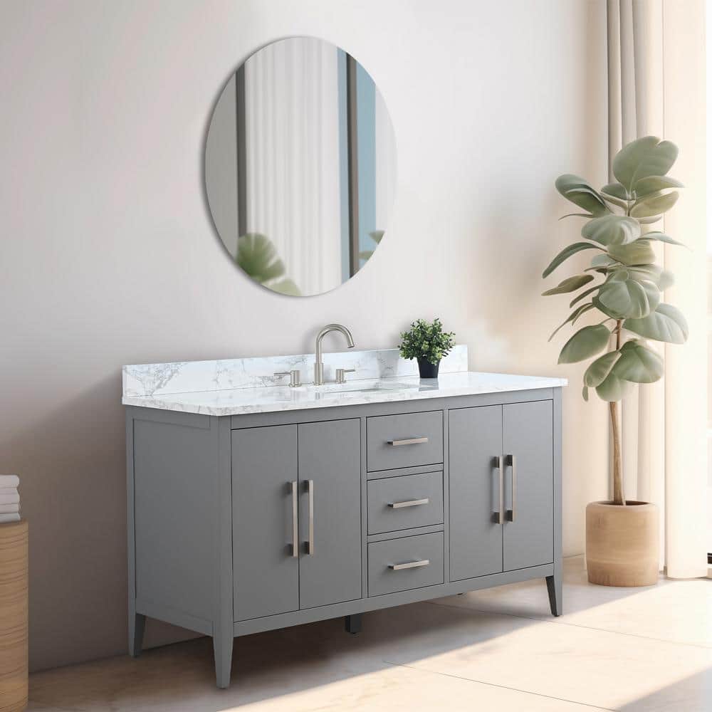 Vanity Art 60 in. W x 22 in. D x 34 in. H Single Sink Bathroom Vanity Cabinet in Cashmere Gray with Engineered Marble Top in White