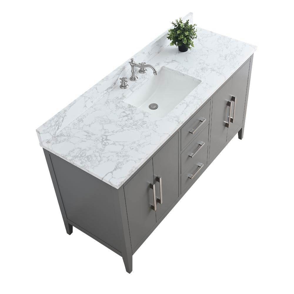 Vanity Art 60 in. W x 22 in. D x 34 in. H Single Sink Bathroom Vanity Cabinet in Cashmere Gray with Engineered Marble Top in White