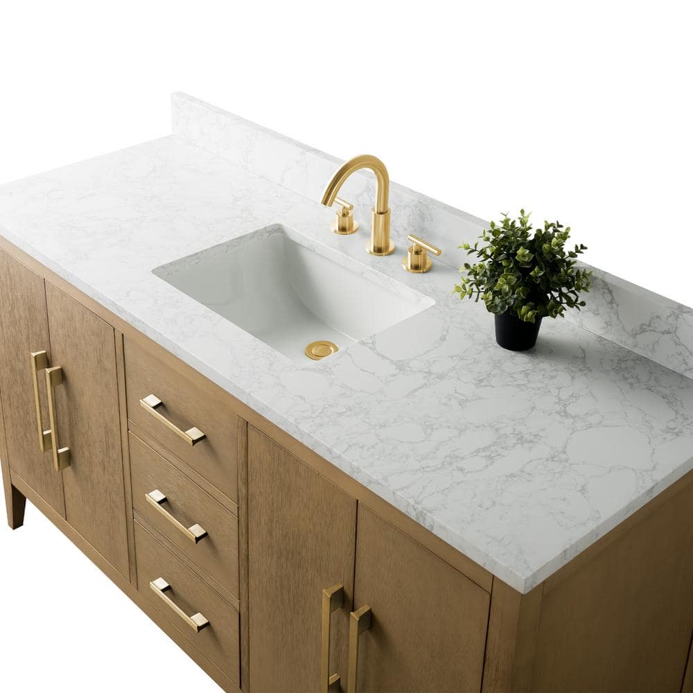 Vanity Art 60 in. W x 22 in. D x 34 in. H Single-Sink Bathroom Vanity in Natural Oak with Engineered Marble Top in Arabescato White