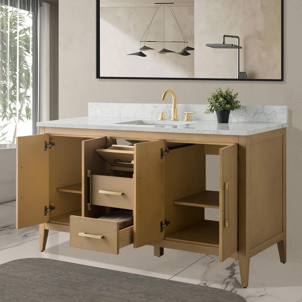 Vanity Art 60 in. W x 22 in. D x 34 in. H Single-Sink Bathroom Vanity in Natural Oak with Engineered Marble Top in Arabescato White