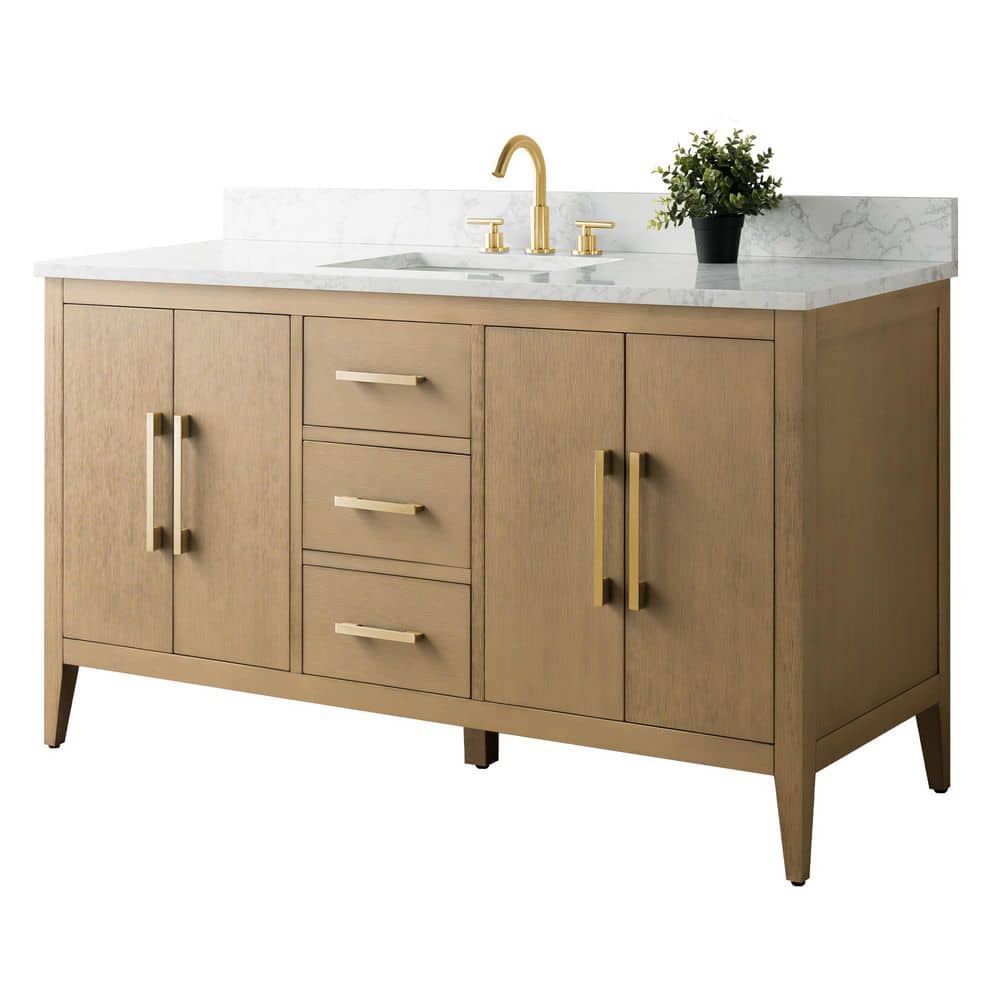 Vanity Art 60 in. W x 22 in. D x 34 in. H Single-Sink Bathroom Vanity in Natural Oak with Engineered Marble Top in Arabescato White
